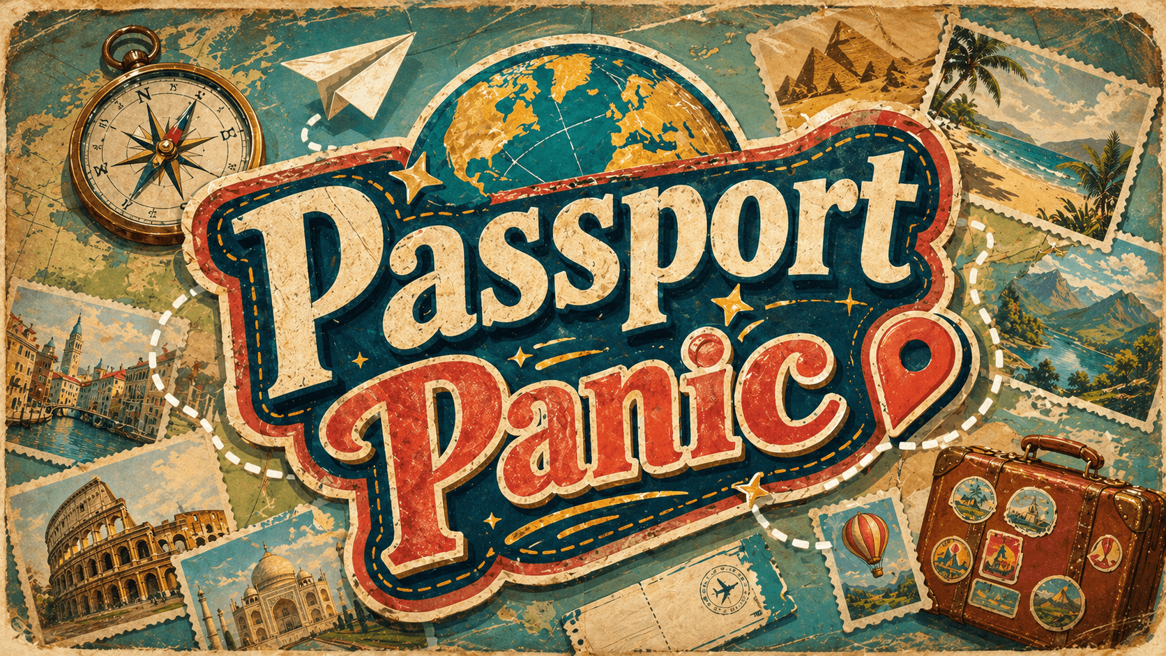 Passport Panic vintage travel title artwork